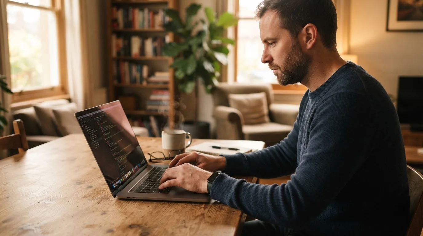 Mann sitzt am Wohnzimmertisch und tippt auf seinem Laptop, eine Kaffeetasse steht griffbereit daneben.