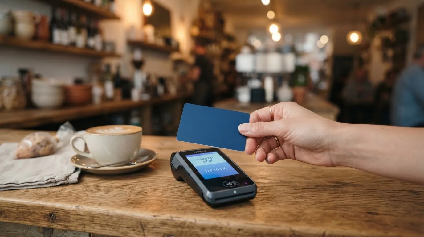 Nahaufnahme einer Hand, die eine Karte über ein kontaktloses Terminal in einem Café hält.